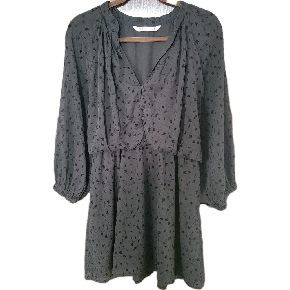 Zara Shift Dress Womens‎ M Black Chiffon Velvet Floral V Neck Button Pullover